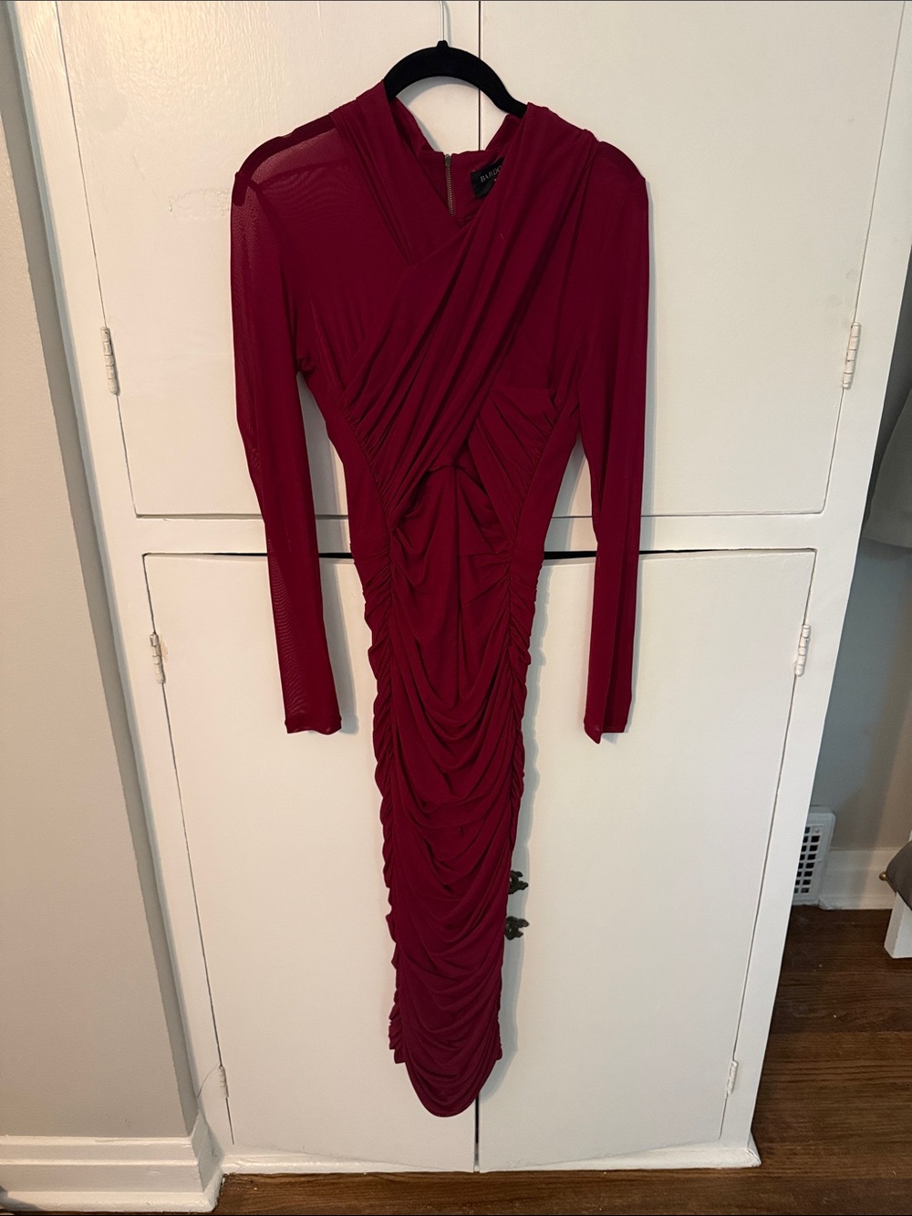 Bardot Burgundy Ruched Long-Sleeve Midi Dress